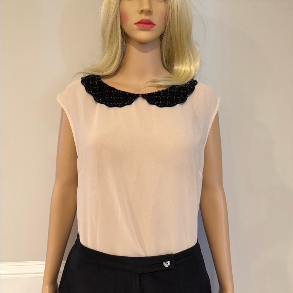 Urban Outfitters Matty M Cream Blouse with Black Beaded Collar